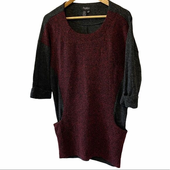 PAPILLON Grey&Burgundy Tunic Sweater W/ Pockets S - Picture 1 of 7